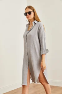 Olalook Women's Gray Muslin Shirt Dress with Oval Side Slits - Image 8