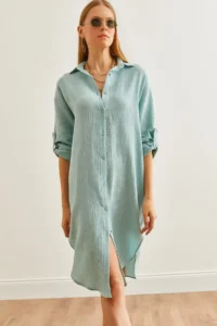Olalook Women's Aqua Green Muslin Shirt Dress with Oval Side Slits