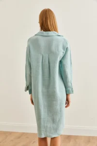 Olalook Women's Aqua Green Muslin Shirt Dress with Oval Side Slits - Image 2