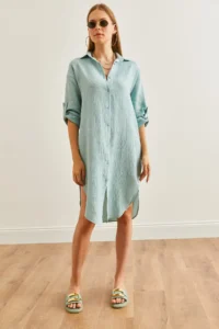 Olalook Women's Aqua Green Muslin Shirt Dress with Oval Side Slits - Image 3