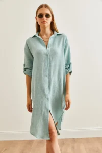 Olalook Women's Aqua Green Muslin Shirt Dress with Oval Side Slits - Image 4