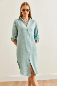 Olalook Women's Aqua Green Muslin Shirt Dress with Oval Side Slits - Image 5