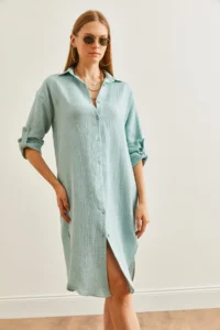 Olalook Women's Aqua Green Muslin Shirt Dress with Oval Side Slits - Image 6