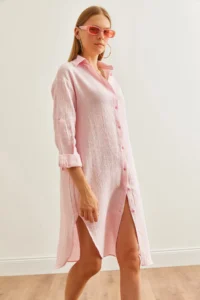 Olalook Women's Candy Pink Muslin Shirt Dress with Oval Side Slits