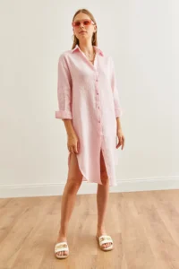 Olalook Women's Candy Pink Muslin Shirt Dress with Oval Side Slits - Image 3