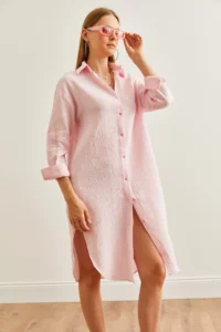 Olalook Women's Candy Pink Muslin Shirt Dress with Oval Side Slits - Image 4