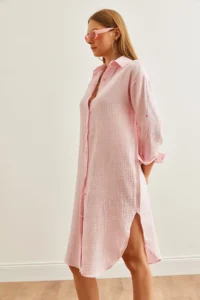 Olalook Women's Candy Pink Muslin Shirt Dress with Oval Side Slits - Image 5