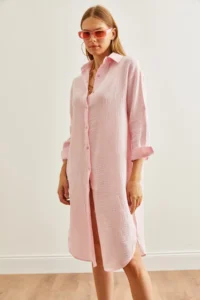 Olalook Women's Candy Pink Muslin Shirt Dress with Oval Side Slits - Image 6
