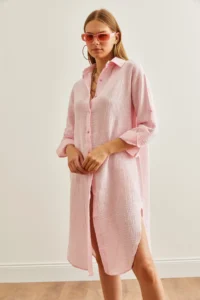 Olalook Women's Candy Pink Muslin Shirt Dress with Oval Side Slits - Image 7