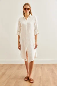 Olalook Women's White Muslin Shirt Dress with Oval Side Slits - Image 3