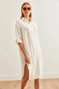 Olalook Women's White Muslin Shirt Dress with Oval Side Slits - Image 4