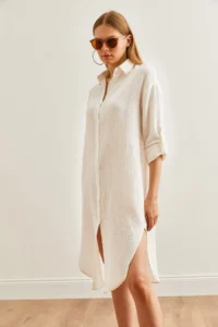 Olalook Women's White Muslin Shirt Dress with Oval Side Slits - Image 5