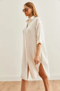 Olalook Women's White Muslin Shirt Dress with Oval Side Slits - Image 6