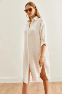 Olalook Women's White Muslin Shirt Dress with Oval Side Slits - Image 7