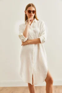 Olalook Women's White Muslin Shirt Dress with Oval Side Slits - Image 8