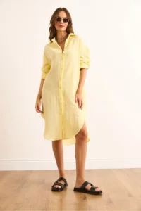 Olalook Women's Light Yellow Muslin Shirt Dress with Oval Side Slits - Image 3