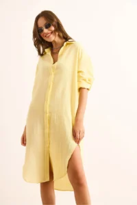 Olalook Women's Light Yellow Muslin Shirt Dress with Oval Side Slits - Image 4