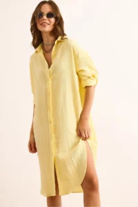 Olalook Women's Light Yellow Muslin Shirt Dress with Oval Side Slits - Image 5