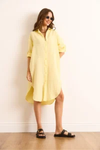 Olalook Women's Light Yellow Muslin Shirt Dress with Oval Side Slits - Image 6