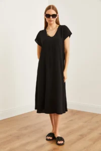 Olalook Women's Black V-Neck Woven Viscose Casual Dress - Image 2
