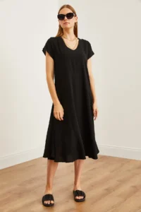 Olalook Women's Black V-Neck Woven Viscose Casual Dress - Image 3