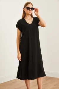 Olalook Women's Black V-Neck Woven Viscose Casual Dress - Image 4