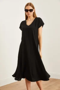 Olalook Women's Black V-Neck Woven Viscose Casual Dress - Image 5