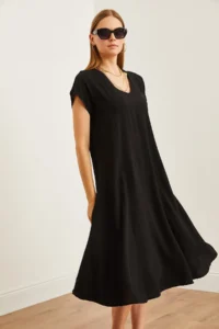 Olalook Women's Black V-Neck Woven Viscose Casual Dress - Image 6