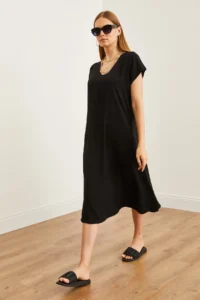 Olalook Women's Black V-Neck Woven Viscose Casual Dress - Image 7