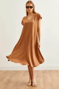 Olalook Women's Camel V-Neck Woven Viscose Casual Dress