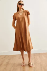 Olalook Women's Camel V-Neck Woven Viscose Casual Dress - Image 2