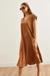 Olalook Women's Camel V-Neck Woven Viscose Casual Dress - Image 3