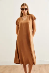 Olalook Women's Camel V-Neck Woven Viscose Casual Dress - Image 4