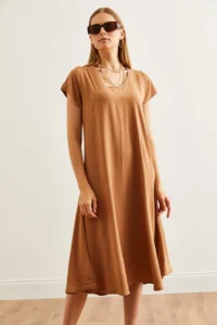 Olalook Women's Camel V-Neck Woven Viscose Casual Dress - Image 5