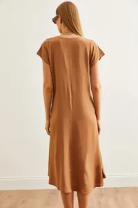 Olalook Women's Camel V-Neck Woven Viscose Casual Dress - Image 6