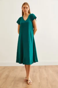 Olalook Women's Emerald Green V-Neck Woven Viscose Casual Dress - Image 3