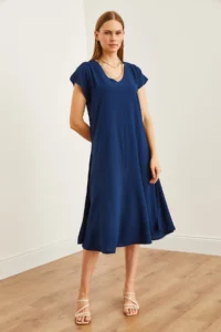 Olalook Women's Navy Blue V-Neck Woven Viscose Casual Dress - Image 2
