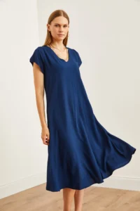 Olalook Women's Navy Blue V-Neck Woven Viscose Casual Dress - Image 3