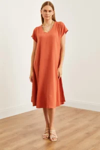 Olalook Women's Brick V-Neck Woven Viscose Casual Dress - Image 2