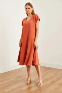 Olalook Women's Brick V-Neck Woven Viscose Casual Dress - Image 3