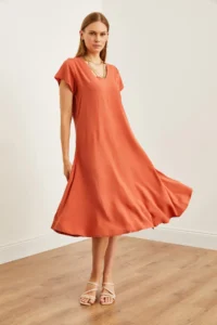 Olalook Women's Brick V-Neck Woven Viscose Casual Dress - Image 4