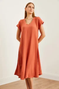 Olalook Women's Brick V-Neck Woven Viscose Casual Dress - Image 5