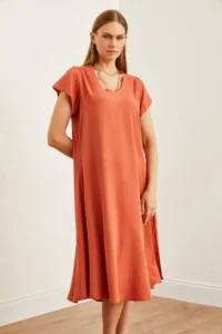Olalook Women's Brick V-Neck Woven Viscose Casual Dress - Image 6