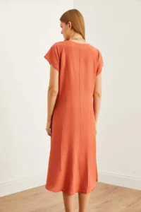 Olalook Women's Brick V-Neck Woven Viscose Casual Dress - Image 7