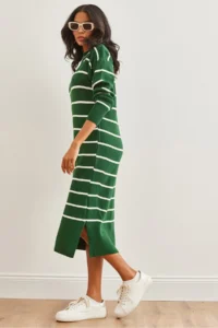 Olalook Women's Emerald Green Crew Neck Striped Slit Thick Knitwear Dress