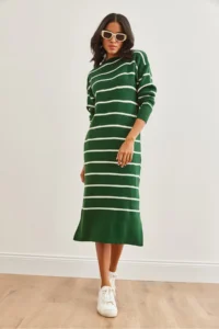 Olalook Women's Emerald Green Crew Neck Striped Slit Thick Knitwear Dress - Image 2