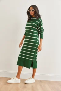 Olalook Women's Emerald Green Crew Neck Striped Slit Thick Knitwear Dress - Image 3