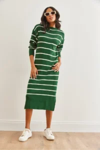 Olalook Women's Emerald Green Crew Neck Striped Slit Thick Knitwear Dress - Image 4
