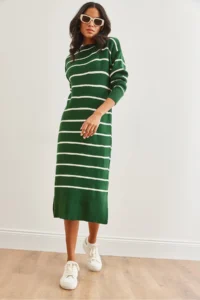Olalook Women's Emerald Green Crew Neck Striped Slit Thick Knitwear Dress - Image 5