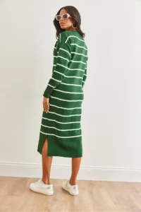 Olalook Women's Emerald Green Crew Neck Striped Slit Thick Knitwear Dress - Image 6